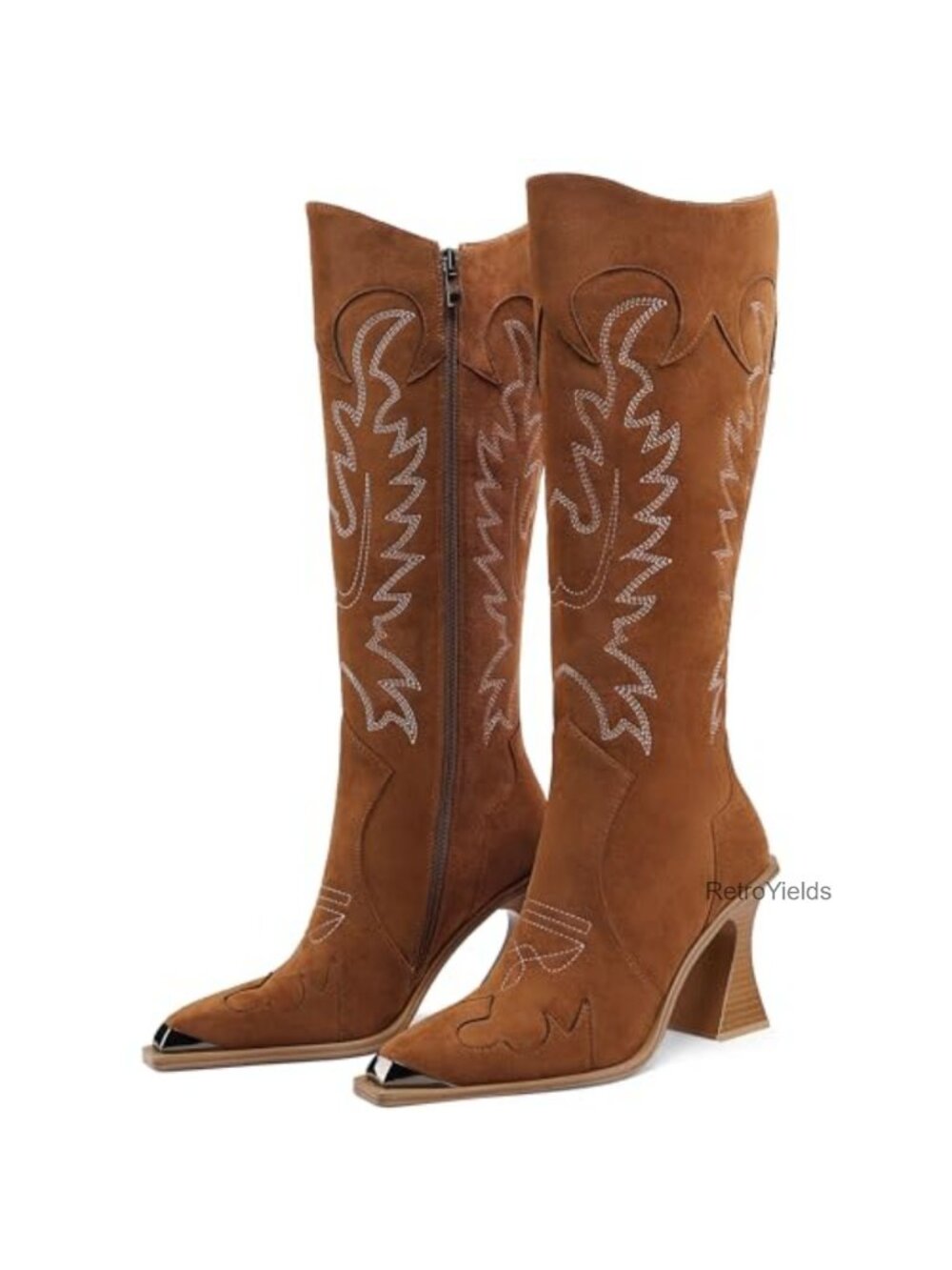 Western Knee High Cowboy Boots Square Toe Embroidered Heeled Faux Suede